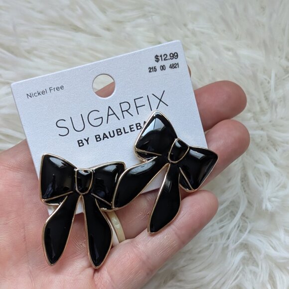 SugarFix by BaubleBar Large Black Enamel Bow Earrings, NEW - Picture 3 of 3